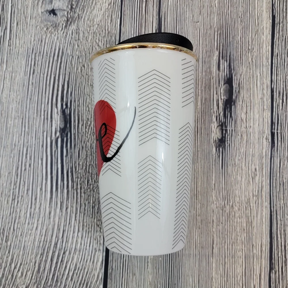 Starbucks Travel Ceramic Cup Tumbler Coffee Tea Love Heart Gold Chevron